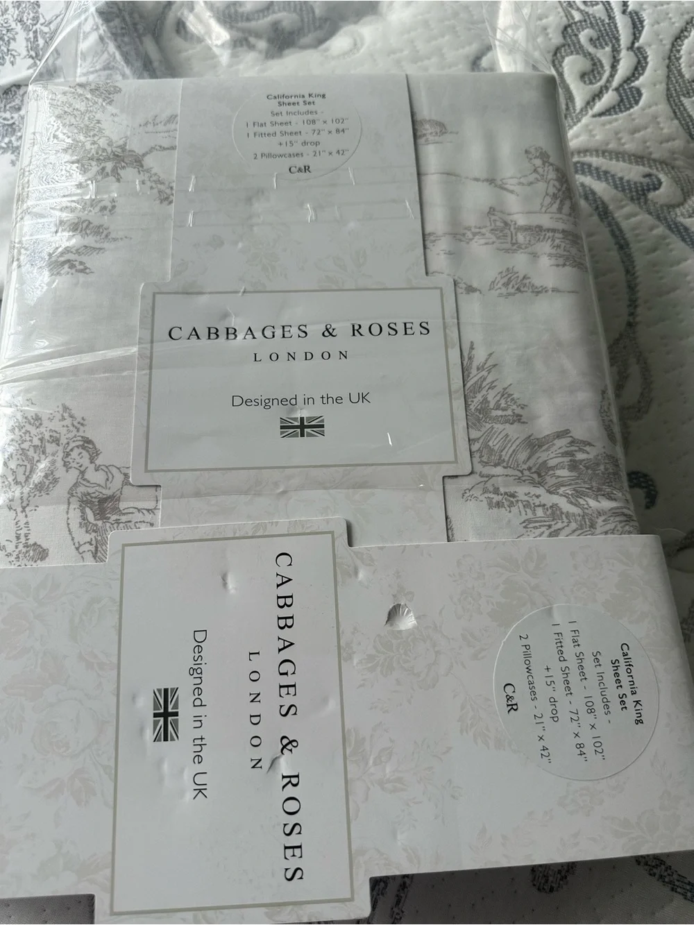 Cabbages & Roses Toile Cal King - Pale beige on White sheet set.